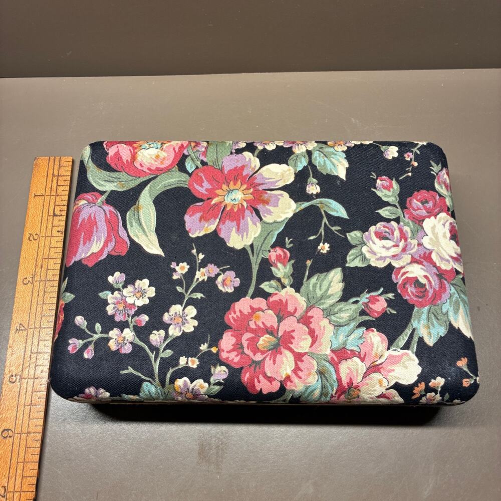 Vintage Travel Jewelry Box Organizer Case Floral‎ Mirror Inside Excellent